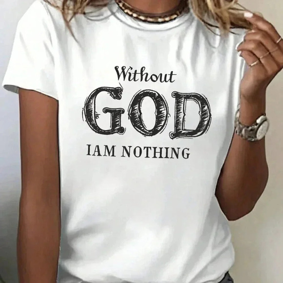 White Casual Women's Letter Print Round Neck Short Sleeve Casual Top - Picture 1 of 4